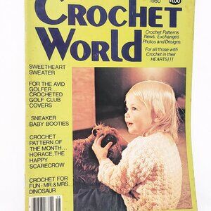 Crochet World Magazine Aug 1980 Sweater Baby Booties Scarecrow Dinosaur Golfer